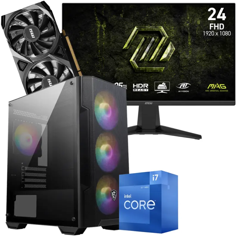Setup Gamer Special Pc de Bureau Gaming / i7-12700F / RTX 3050 8G / 32 Go Avec Écran Gaming MSI MAG 245F X24 24&Prime; Full HD IPS / 240 Hz
