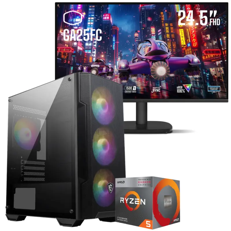 Setup Gamer Special Pc de Bureau Gaming / Ryzen 5 3400G / Vega 11 / 16 Go Avec Écran Gaming Cooler Master 24.5&Prime; Full HD IPS / 120 Hz