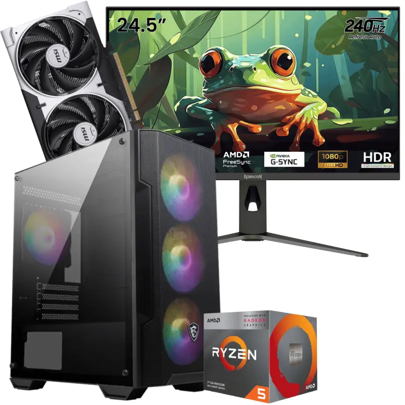 Setup Gamer Special Pc de Bureau Gaming / Ryzen 5 3600 / RTX 5050 8G / 16 Go Avec Écran Gaming Redragon HANMON 24.5&Prime; Full HD IPS / 240 Hz