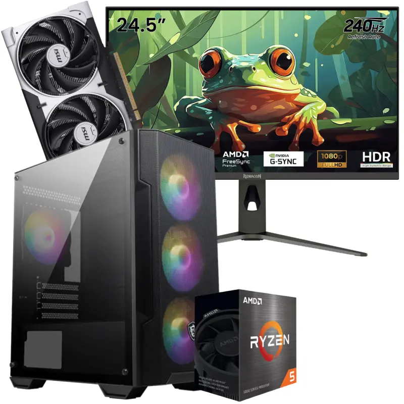 Setup Gamer Special Pc de Bureau Gaming / Ryzen 5 5500 / RTX 5050 8G / 16 Go Avec Écran Gaming Redragon HANMON 24.5&Prime; Full HD IPS / 240 Hz