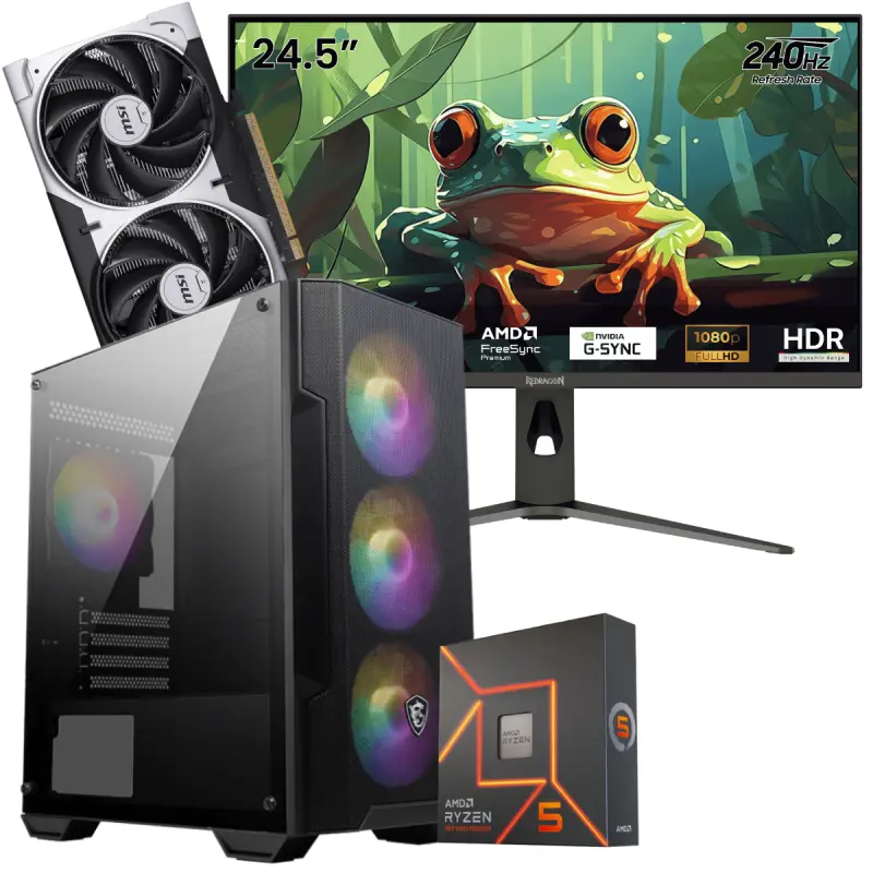 Setup Gamer Special Pc de Bureau Gaming / Ryzen 5 8400F / RTX 5050 8G / 16 Go Avec Écran Gaming Redragon HANMON 24.5&Prime; Full HD IPS / 240 Hz