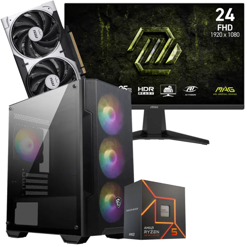 Setup Gamer Special Pc de Bureau Gaming / Ryzen 5 7500F / RTX 5050 8G / 16 Go Avec Écran Gaming MSI MAG 245F X24 24&Prime; Full HD IPS / 240 Hz