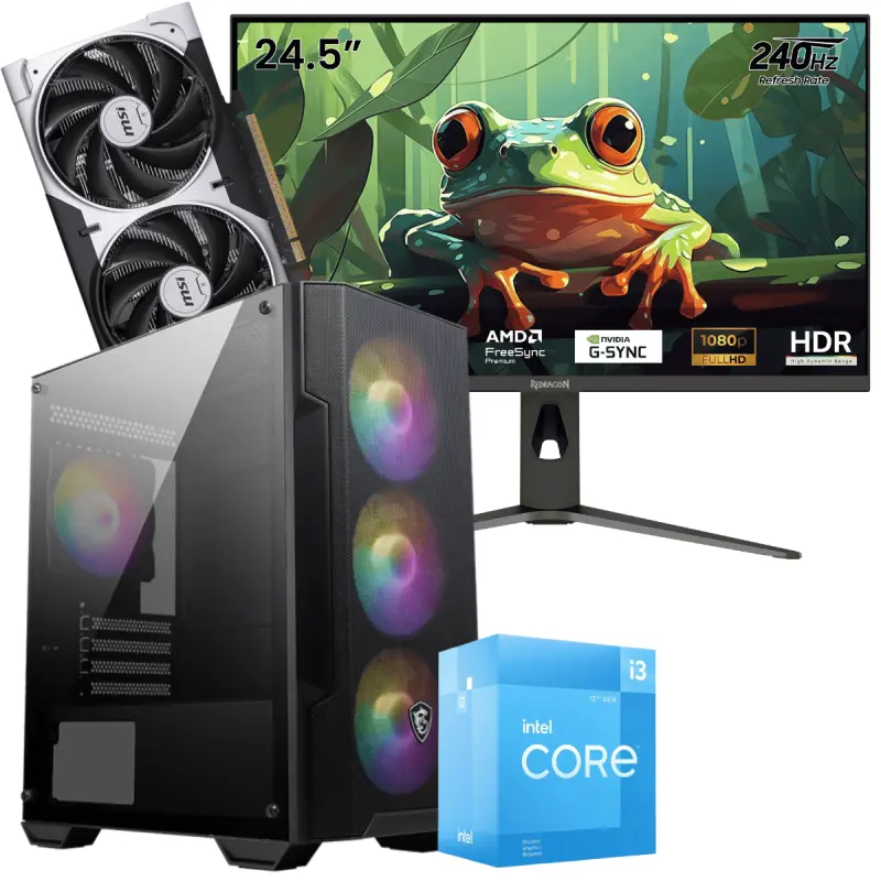 Setup Gamer Special Pc de Bureau Gaming / i3-12100F / RTX 5050 8G / 16 Go Avec Écran Gaming Redragon HANMON 24.5&Prime; Full HD IPS / 240 Hz