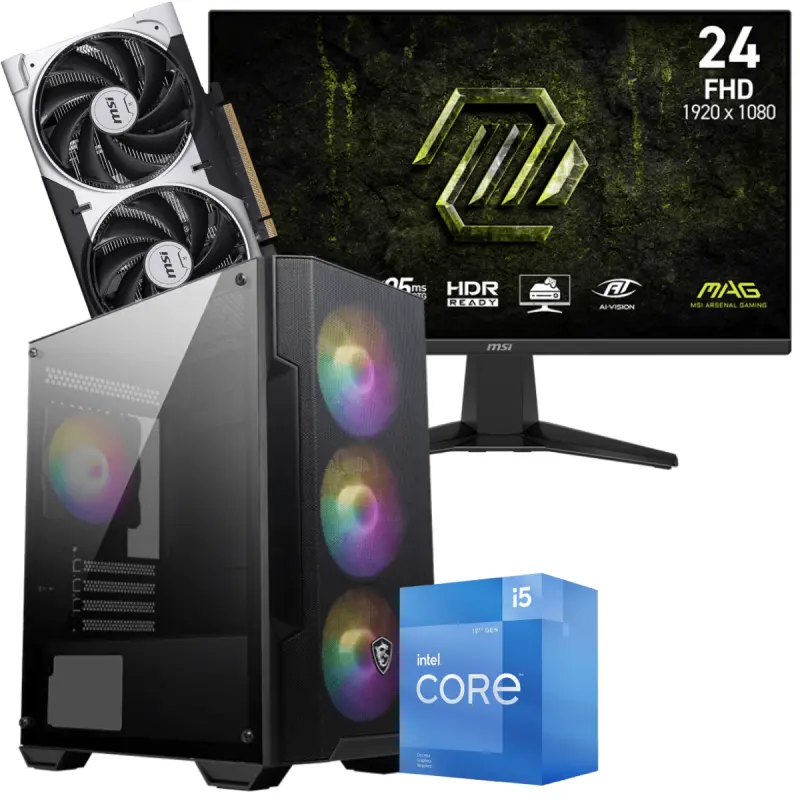 Setup Gamer Special Pc de Bureau Gaming / i5-12400F / RTX 5050 8G / 16 Go Avec Écran Gaming MSI MAG 245F X24 24&Prime; Full HD IPS / 240 Hz