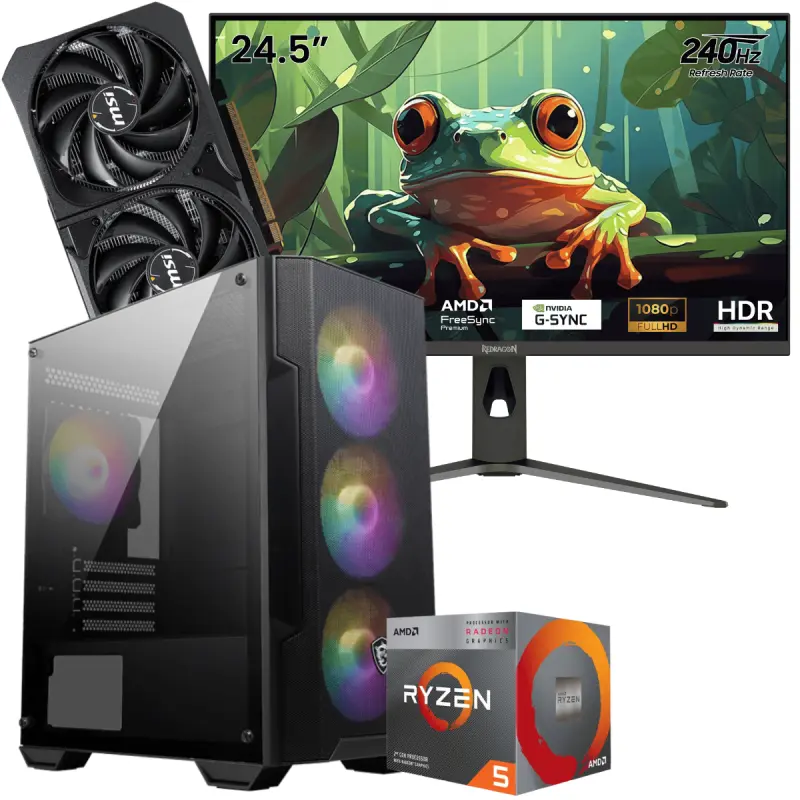 Setup Gamer Special Pc de Bureau Gaming / Ryzen 5 3600 / RTX 5060 8G / 16 Go Avec Écran Gaming Redragon HANMON 24.5&Prime; Full HD IPS / 240 Hz