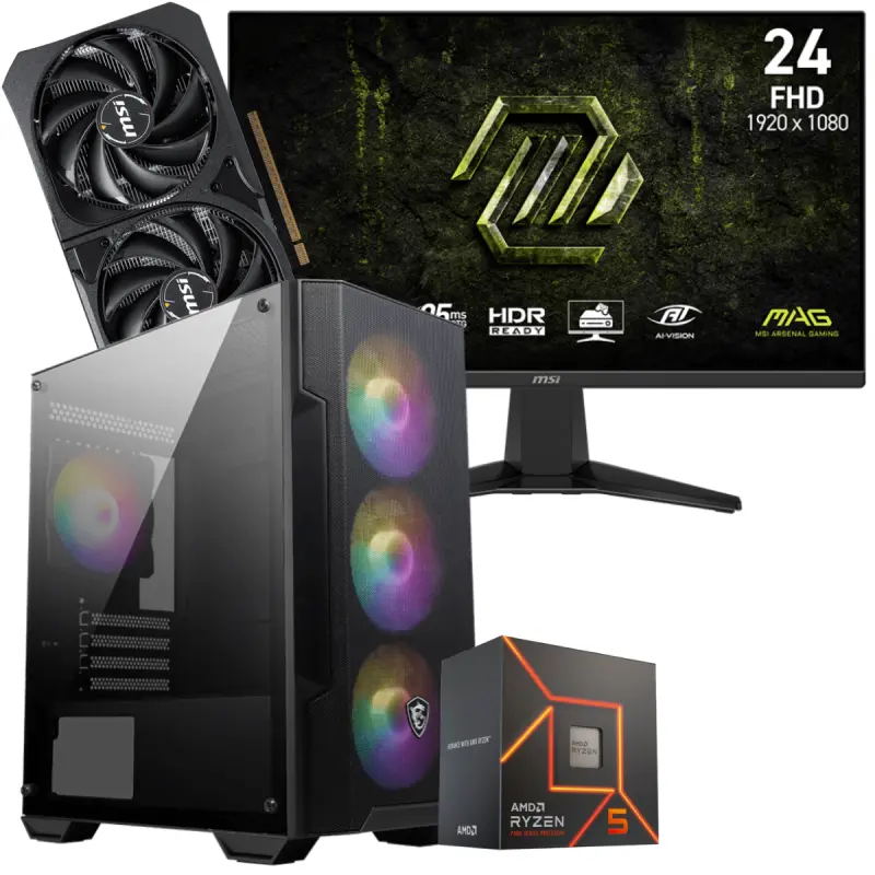 Setup Gamer Special Pc de Bureau Gaming / Ryzen 5 7500F / RTX 5060 8G / 16 Go Avec Écran Gaming MSI MAG 245F X24 24&Prime; Full HD IPS / 240 Hz