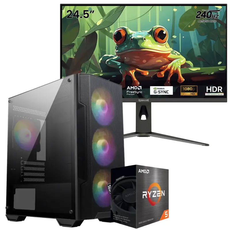 Setup Gamer Special Pc de Bureau Gaming / Ryzen 5 5500GT / Vega 7 / 16 Go Avec Écran Gaming Redragon HANMON 24.5&Prime; Full HD IPS / 240 Hz