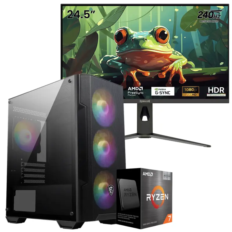 Setup Gamer Special Pc de Bureau Gaming / Ryzen 7 5700G / Vega 8 / 16 Go Avec Écran Redragon HANMON 24.5&Prime; Full HD IPS / 240 Hz