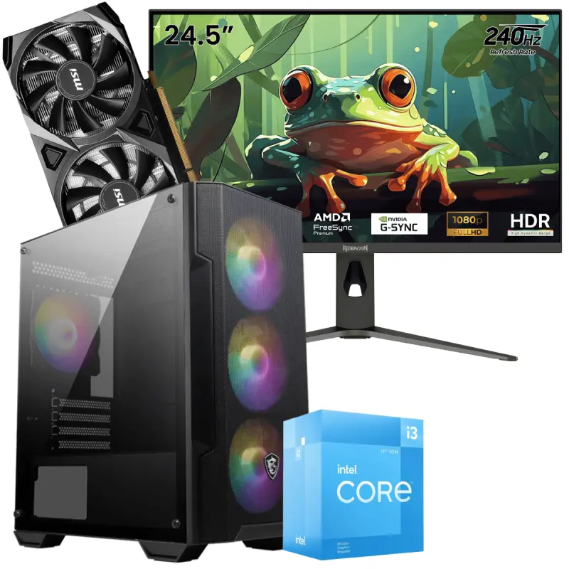 Setup Gamer Special Pc de Bureau Gaming / i3-12100F / RTX 3050 8G / 16 Go Avec Écran Gaming Redragon HANMON 24.5&Prime; Full HD IPS / 240 Hz
