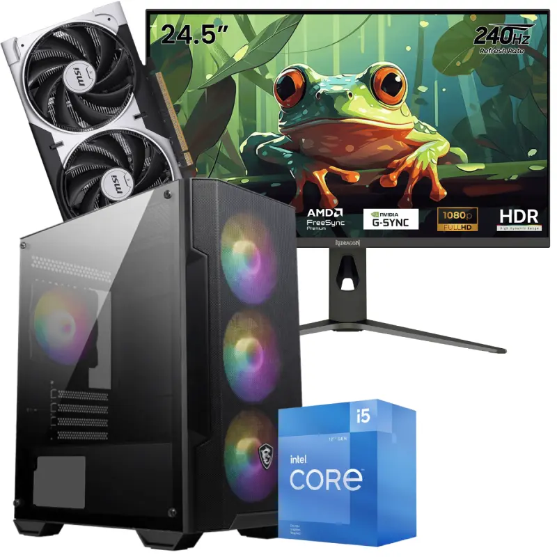 Setup Gamer Special Pc de Bureau Gaming / i5-12400F / RTX 5050 8G / 16 Go Avec Écran Gaming Redragon HANMON 24.5&Prime; Full HD IPS / 240 Hz