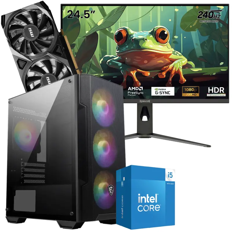 Setup Gamer Special Pc de Bureau Gaming / i5-14400F / RTX 3050 8G / 16 Go Avec Écran Gaming Redragon HANMON 24.5&Prime; Full HD IPS / 240 Hz