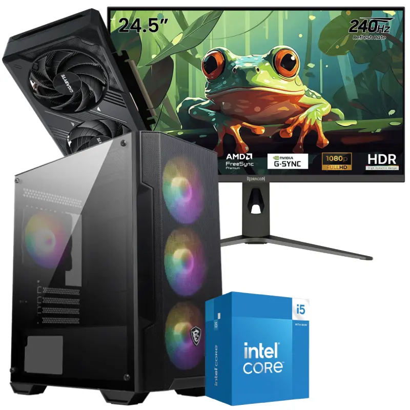 Setup Gamer Special Pc de Bureau Gaming / i5-14400F / RTX 5050 8G / 16 Go Avec Écran Gaming Redragon HANMON 24.5&Prime; Full HD IPS / 240 Hz