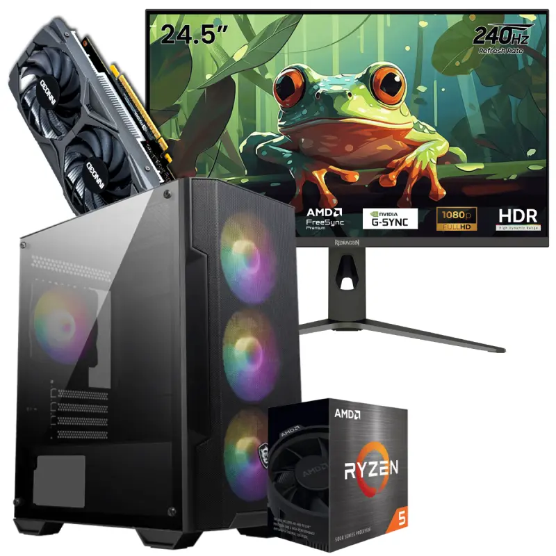 Setup Gamer Special Pc de Bureau Gaming / Ryzen 5 5500 / GTX 1650 4G / 16 Go Avec Écran Gaming Redragon HANMON 24.5&Prime; Full HD IPS / 240 Hz