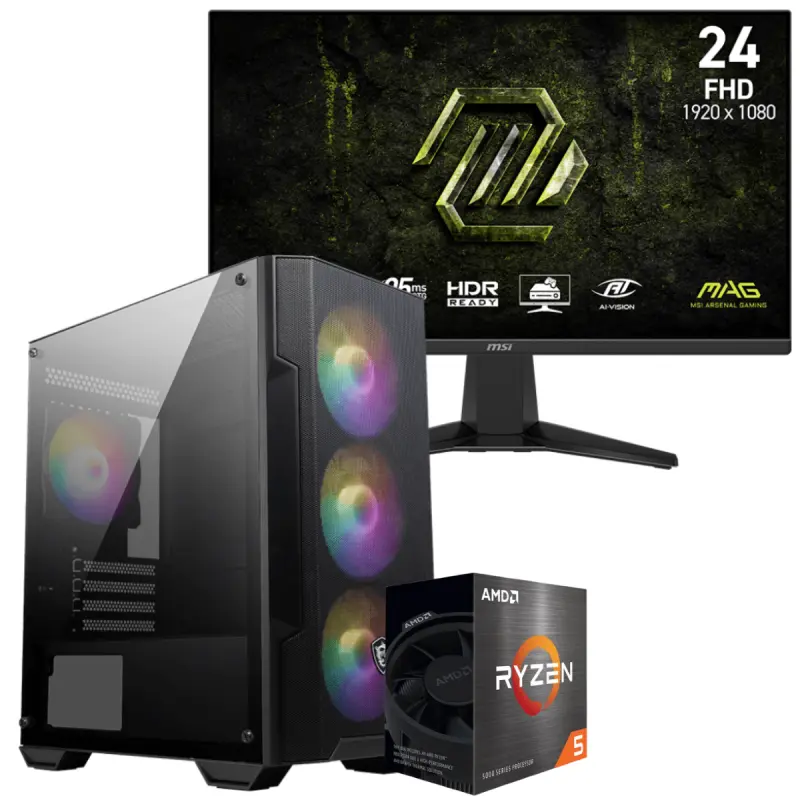 Setup Gamer Special Pc de Bureau Gaming / Ryzen 5 5500GT / Vega 7 / 16 Go Avec Écran Gaming MSI MAG 245F X24 24&Prime; Full HD IPS / 240 Hz