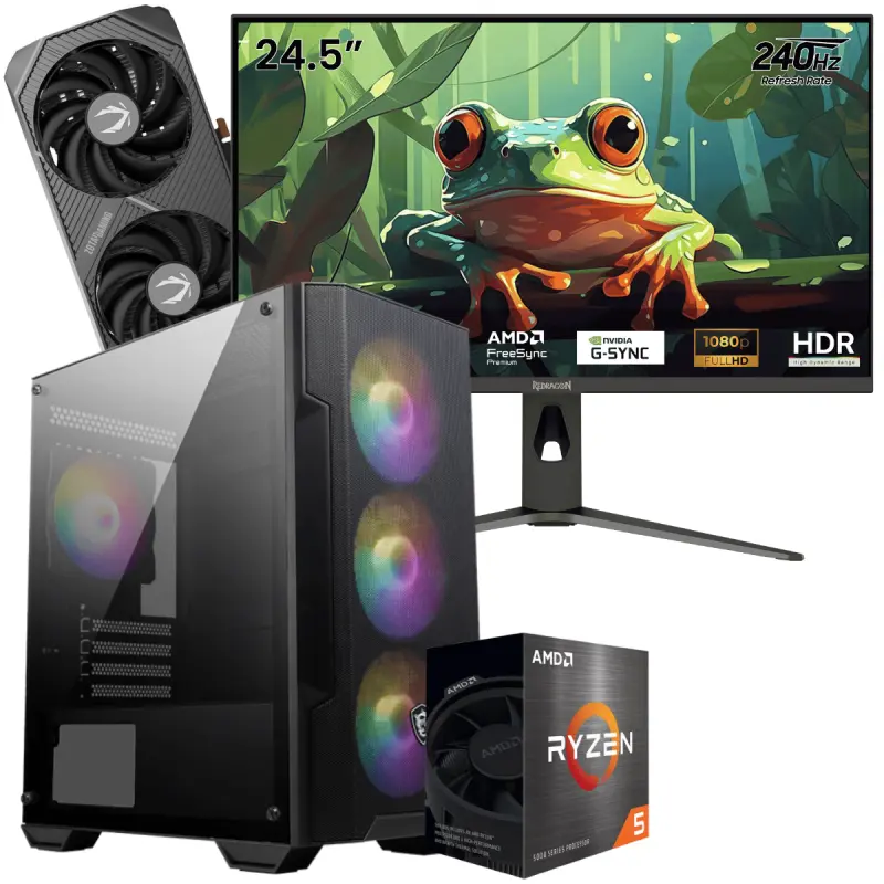Setup Gamer Special Pc de Bureau Gaming / Ryzen 5 5600 / RTX 5060 8G / 16 Go Avec Écran Gaming Redragon HANMON 24.5&Prime; Full HD IPS / 240 Hz