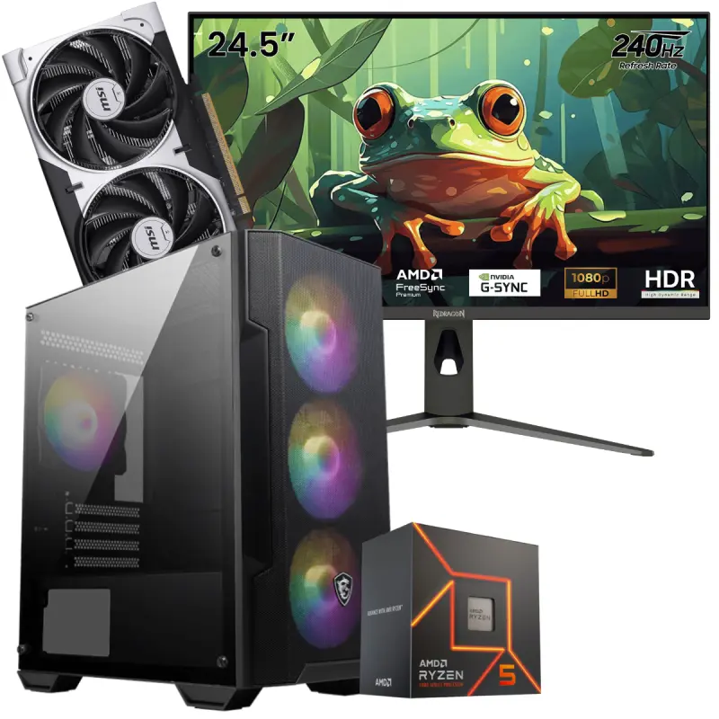 Setup Gamer Special Pc de Bureau Gaming / Ryzen 5 7500F / RTX 5050 8G / 16 Go Avec Écran Gaming Redragon HANMON 24.5&Prime; Full HD IPS / 240 Hz