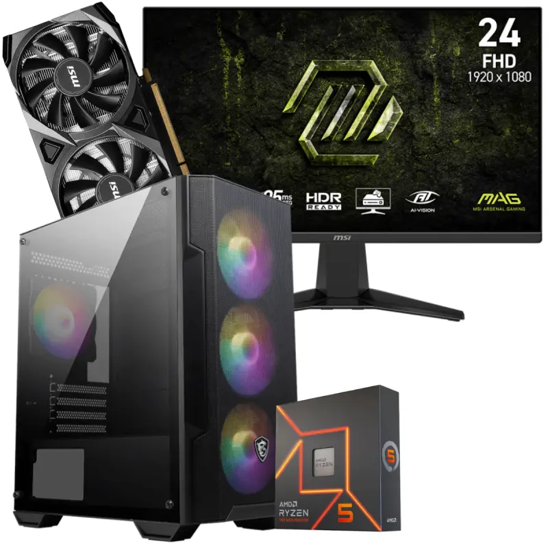 Setup Gamer Special Pc de Bureau Gaming / Ryzen 5 7600X / RTX 3050 8G / 32 Go Avec Écran Gaming MSI MAG 245F X24 24&Prime; Full HD IPS / 240 Hz