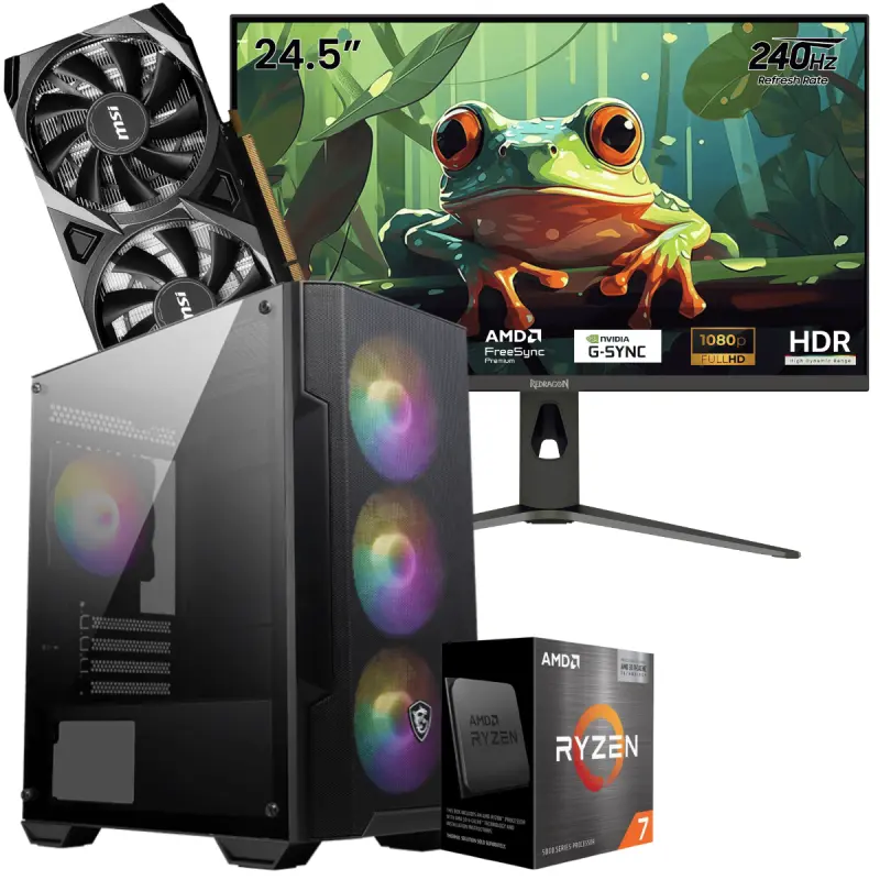 Setup Gamer Special Pc de Bureau Gaming / Ryzen 7 5700 / RTX 3050 8G / 16 Go Avec Écran Gaming Redragon HANMON 24.5&Prime; Full HD IPS / 240 Hz