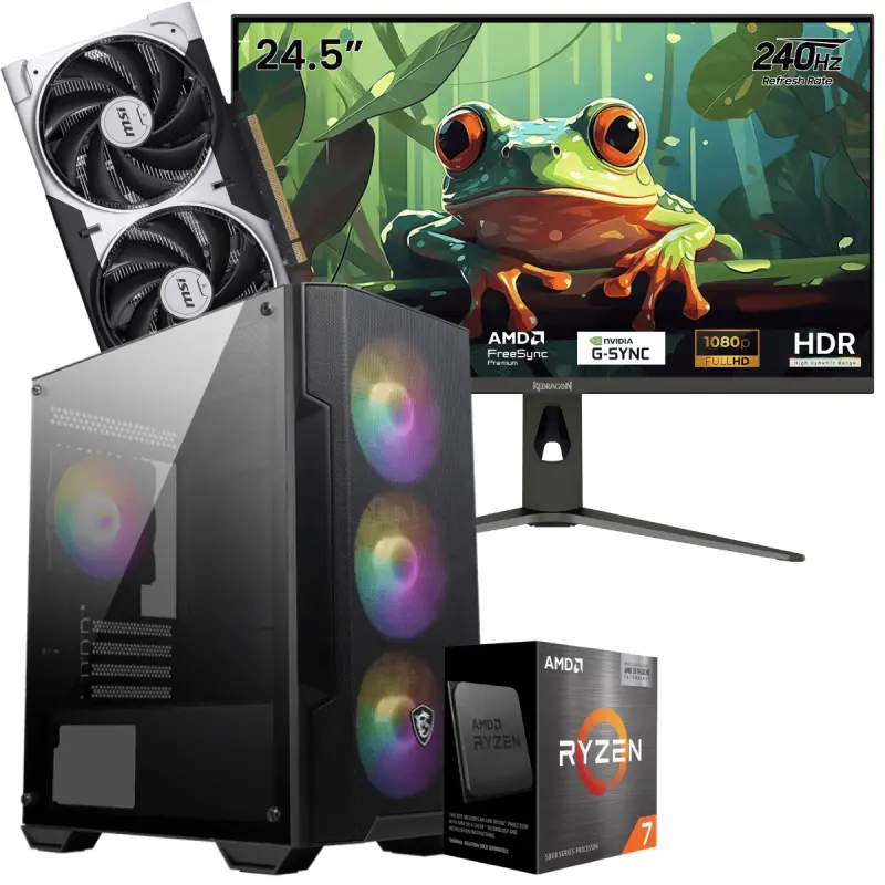 Setup Gamer Special Pc de Bureau Gaming / Ryzen 7 5700 / RTX 5050 8G / 16 Go Avec Écran Gaming Redragon HANMON 24.5&Prime; Full HD IPS / 240 Hz