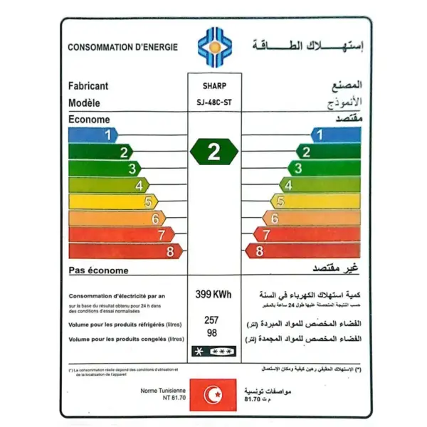 Réfrigérateur Sharp No Frost Double portes 425 Litres / inox