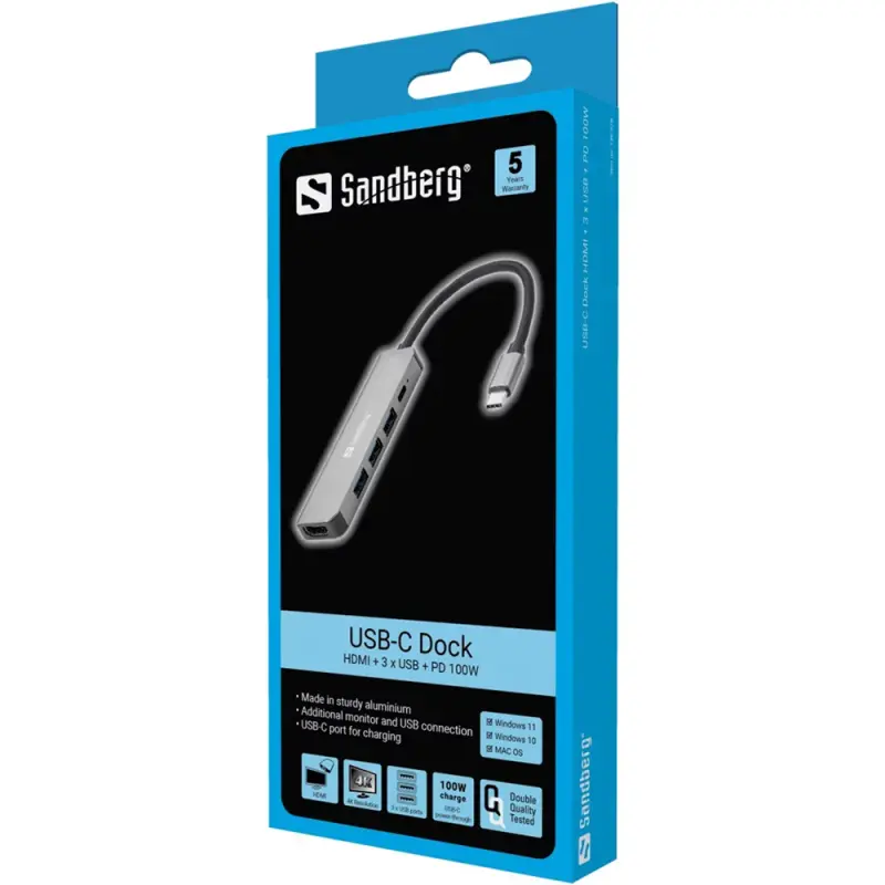 Station d&rsquo;accueil Sandberg USB-C / Aluminium