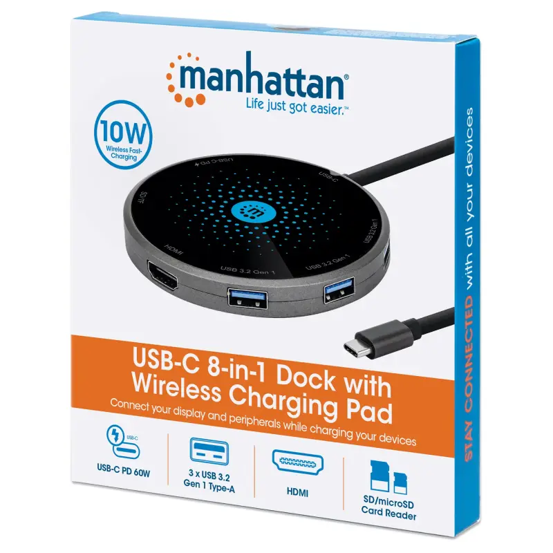 Station d&rsquo;accueil USB-C 8 en 1 avec chargeur sans fil Manhattan – Type C