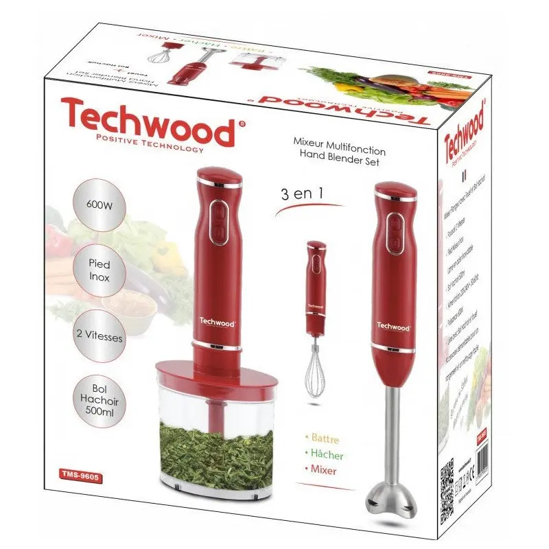 Mixeur Plongeant 3 en 1 Techwood TMS-9605 /Rouge