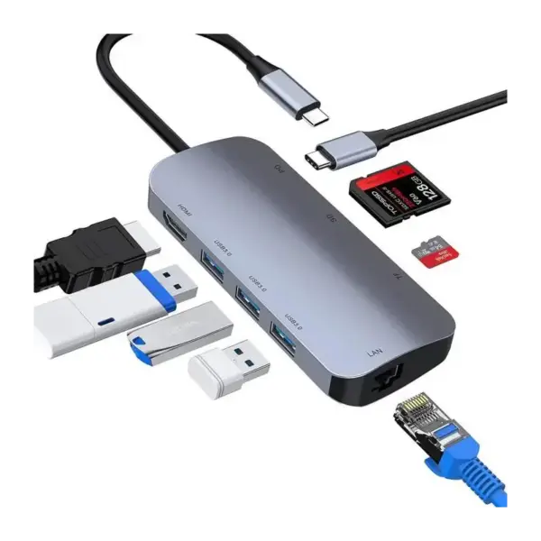Station d'accueil 8en1 Type-C Vers HDMI, VGA, 2x USB 3.0, Lecteur de cartes SD, USB-C