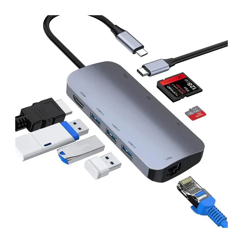 Station d&rsquo;accueil 8en1 Type-C Vers HDMI, VGA, 2x USB 3.0, Lecteur de cartes SD, USB-C