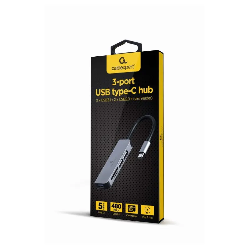 HUB USB Type C GEMBIRD 3 ports USB + Lecteur de carte mémoire / Gris