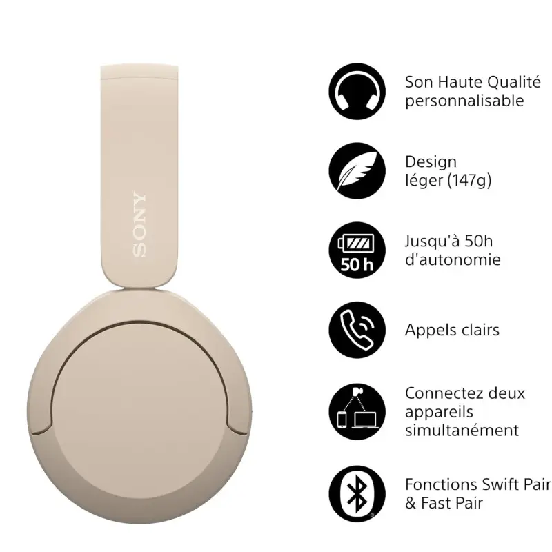 Casque sans fil Sony WH-CH520 – Beige