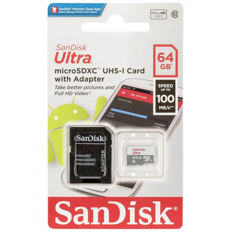 Carte mémoire SanDisk Ultra microSDHC/microSDXC UHS-I / 64 Go + Adaptateur