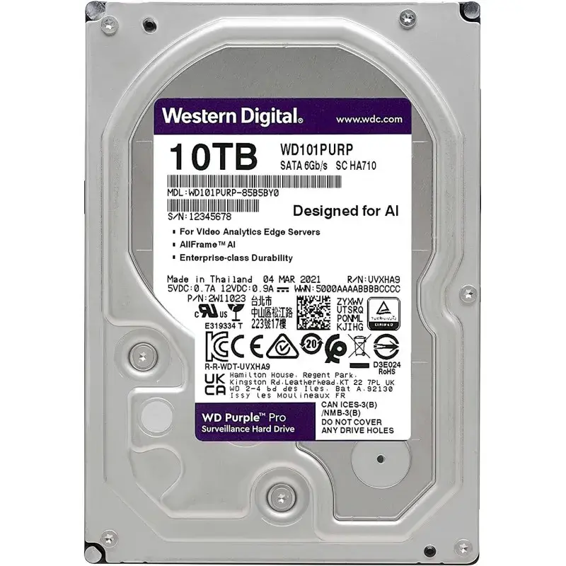 Disque Dur Interne 3.5&Prime; POUR VIDEO SURVEILLANCE Western Digital Purple 10 To