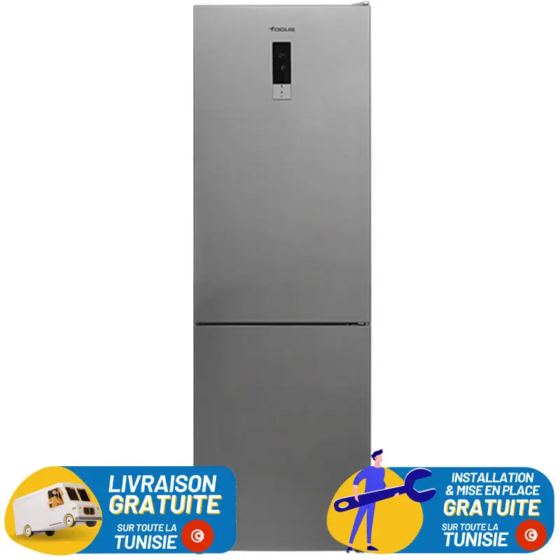 REFRIGERATEUR FOCUS No Frost COMBINE 323 Litres / INOX avec AFFICHEUR